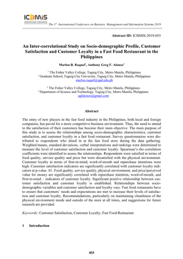 An Inter-Correlational Study on Socio-Demographic Profile, Customer Satisfaction and Customer Loyalty in a Fast Food Restaurant in the Philippines