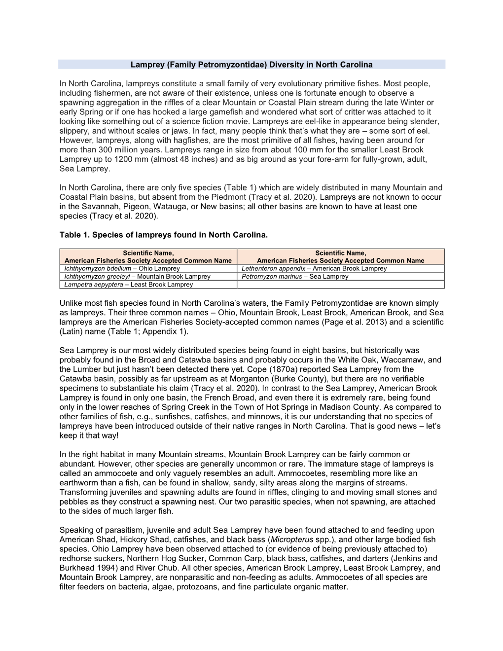 Lamprey (Family Petromyzontidae) Diversity in North Carolina