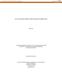 Local Volatility Model with Stochastic Interest Rate Bing Hu a Thesis Submitted to the Faculty of Graduate Studies in Partial Fu