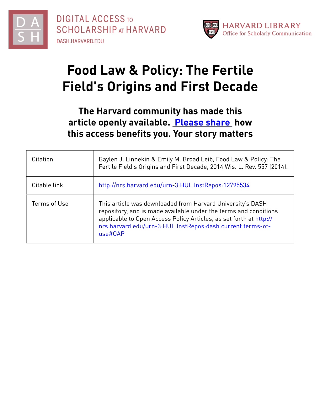 Food Law & Policy: the Fertile Field's Origins and First Decade