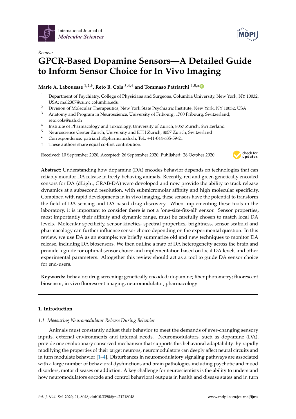 GPCR-Based Dopamine Sensors—A Detailed Guide to Inform Sensor Choice for in Vivo Imaging