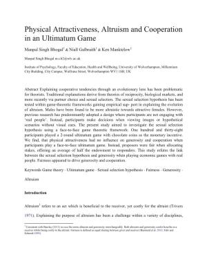 Physical Attractiveness, Altruism and Cooperation in an Ultimatum Game