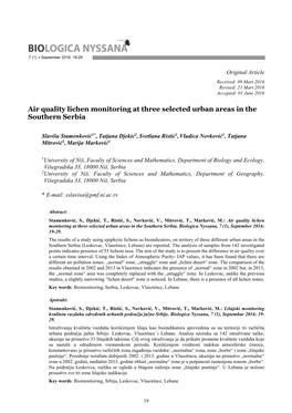 Air Quality Lichen Monitoring at Three Selected Urban Areas in the Southern Serbia