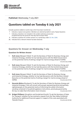 Questions Tabled on Tuesday 6 July 2021