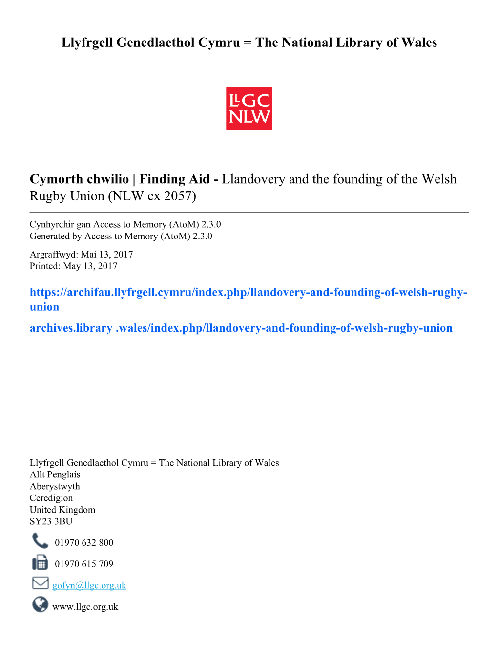 Llandovery and the Founding of the Welsh Rugby Union (NLW Ex 2057)