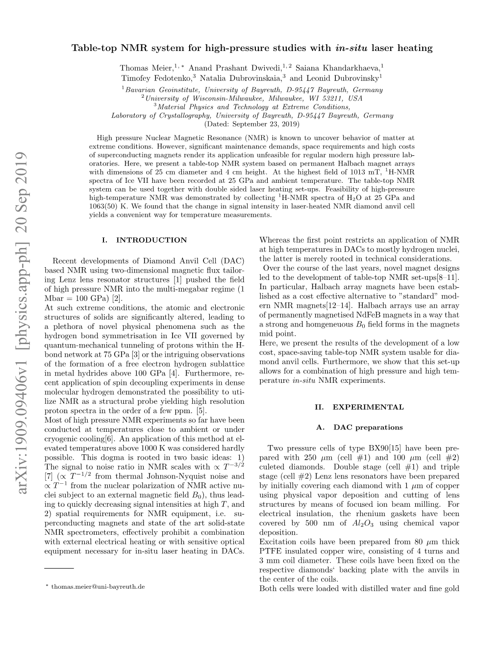 Table-Top NMR System for High-Pressure Studies with In-Situ Laser Heating