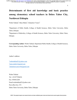 Determinants of First Aid Knowledge and Basic Practice Among Elementary School Teachers in Debre Tabor City, Northwest Ethiopia