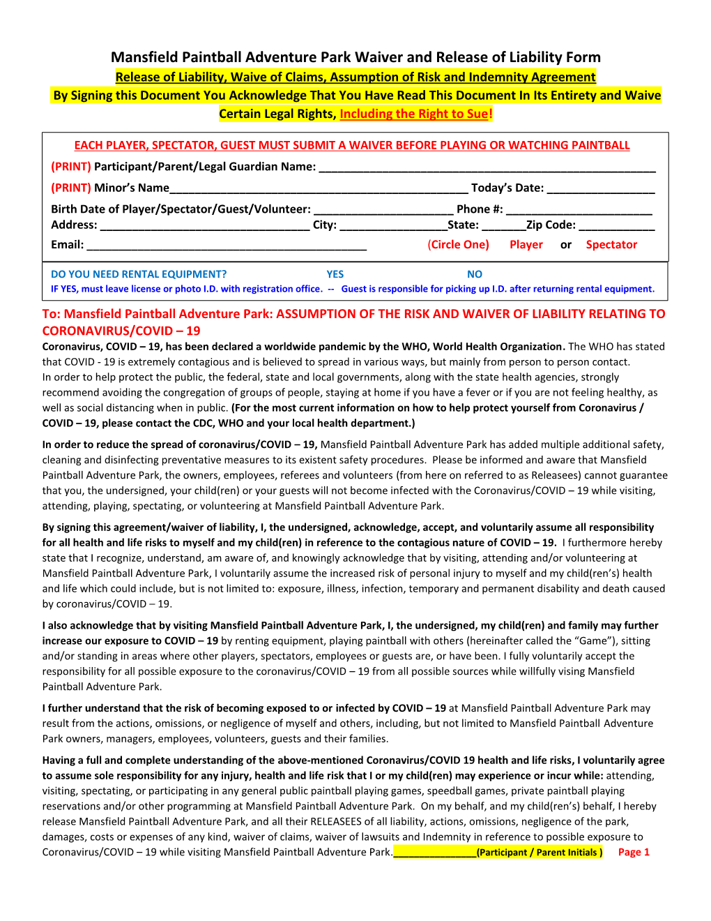 Mansfield Paintball Adventure Park Waiver and Release of Liability Form