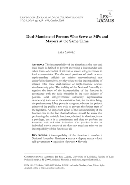 Dual-Mandate of Persons Who Serve As Mps and Mayors at the Same Time