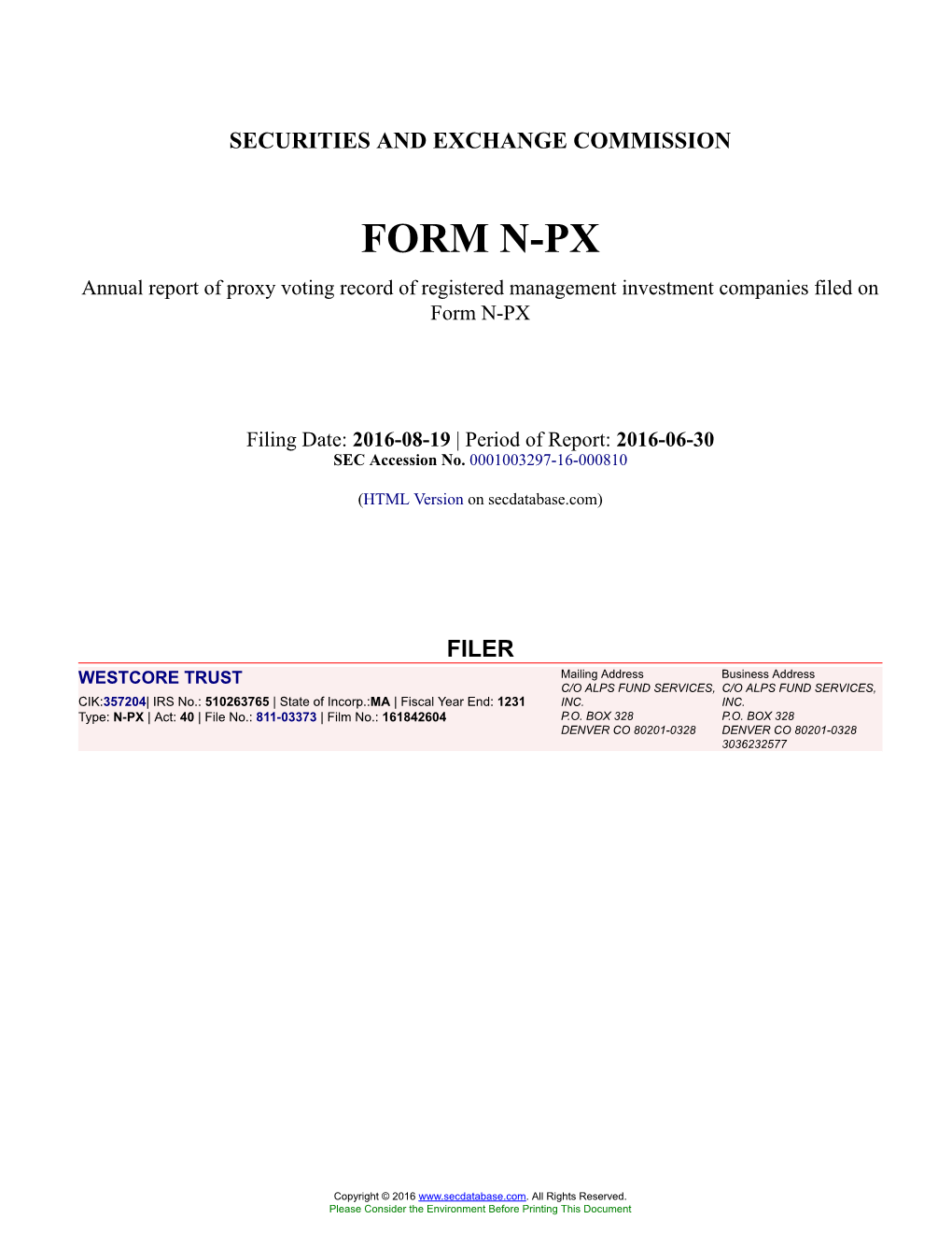 WESTCORE TRUST Form N-PX Filed 2016-08-19