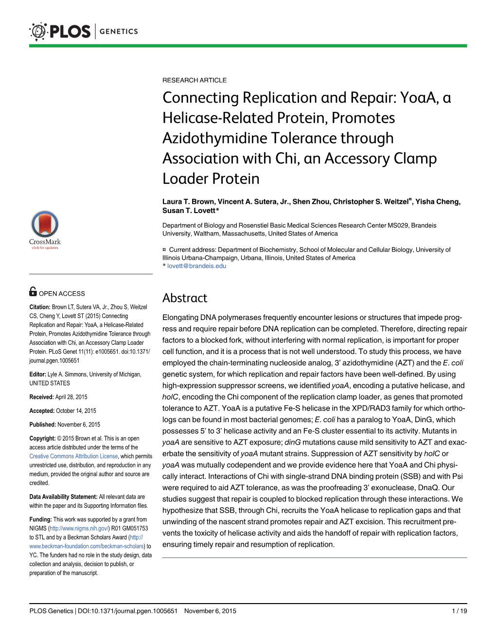 Connecting Replication and Repair: Yoaa, a Helicase-Related Protein, Promotes Azidothymidine Tolerance Through Association with Chi, an Accessory Clamp Loader Protein