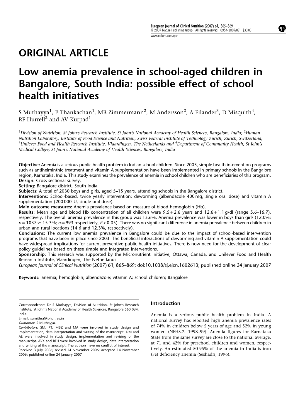 Low Anemia Prevalence in School-Aged Children in Bangalore, South India: Possible Effect of School Health Initiatives