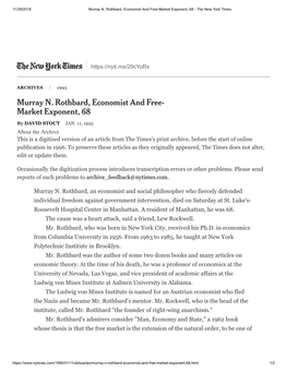Murray N. Rothbard, Economist and Free- Market Exponent, 68