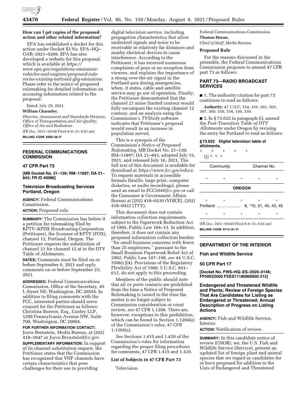 Federal Register/Vol. 86, No. 150/Monday, August 9, 2021