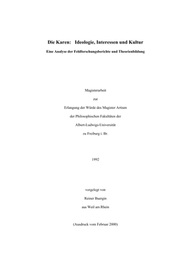 Die Karen: Ideologie, Interessen Und Kultur