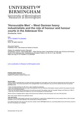 West German Heavy Industrialists and the Role of Honour and Honour Courts in the Adenauer Era Grunbacher, Armin