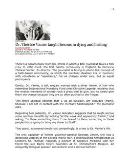 Dr. Thérèse Vanier Taught Lessons in Dying and Healing SANDRA MARTIN Special to the Globe and Mail Published Sunday, Jul