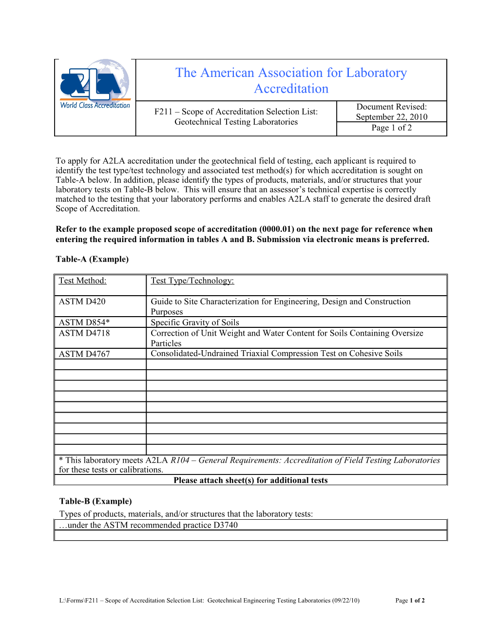 To Apply for A2LA Accreditation Under the Geotechnical Field of Testing, Each Applicant