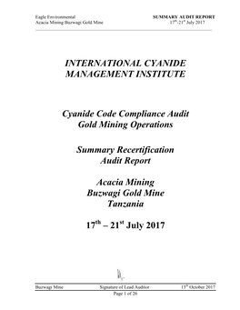 SUMMARY AUDIT REPORT Acacia Mining Buzwagi Gold Mine 17Th-21St July 2017 ______