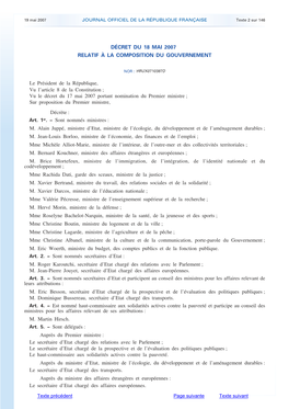 Décret Du 18 Mai 2007 Relatif À La Composition Du Gouvernement