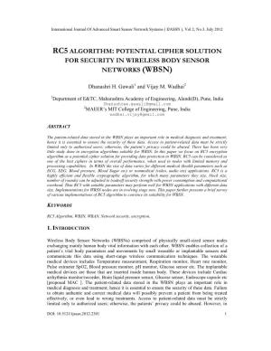 Rc5 Algorithm: Potential Cipher Solution for Security in Wireless Body Sensor Networks (Wbsn)