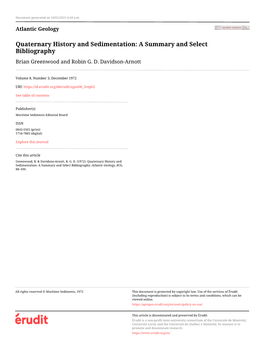 Quaternary History and Sedimentation: a Summary and Select Bibliography Brian Greenwood and Robin G