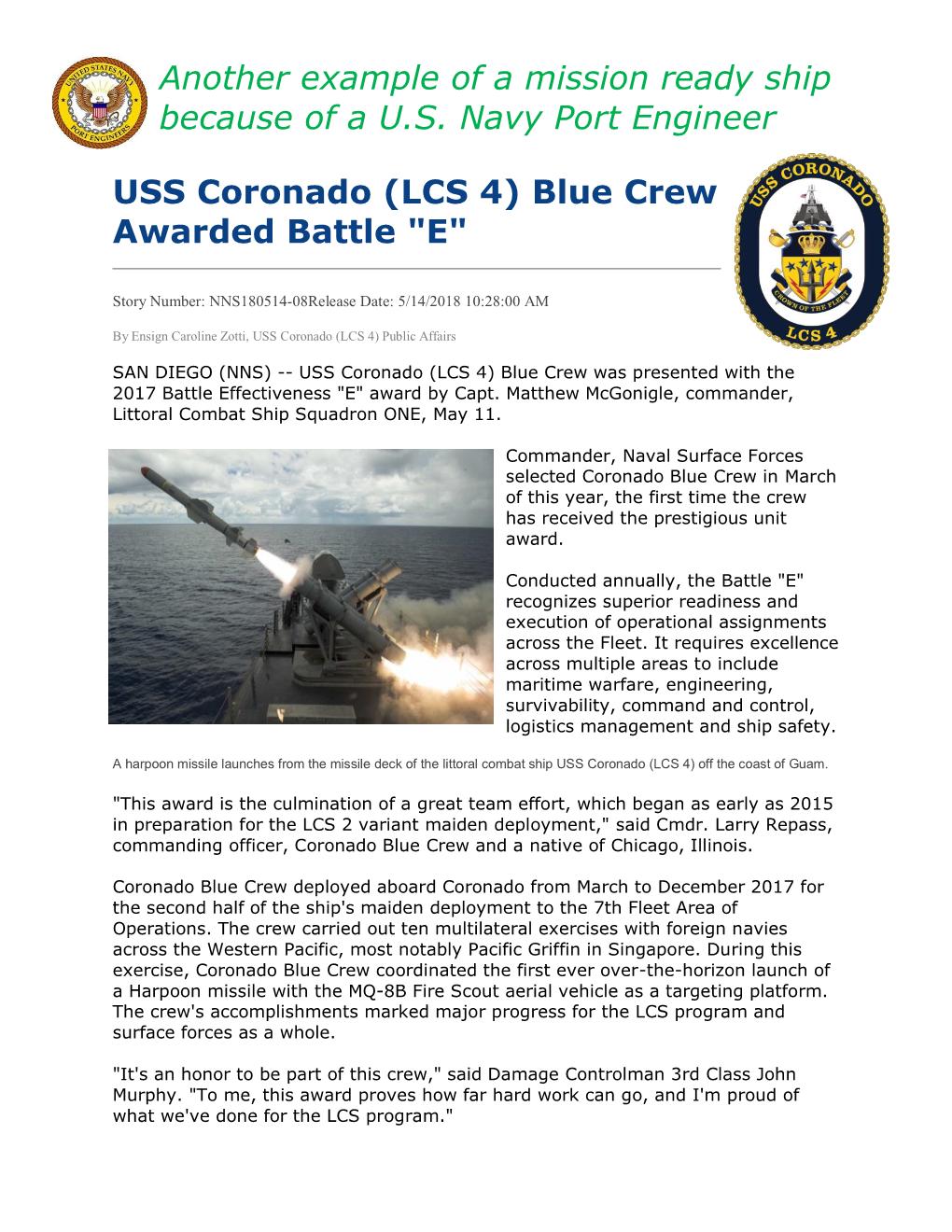 USS Coronado (LCS 4) Blue Crew Awarded Battle "E"