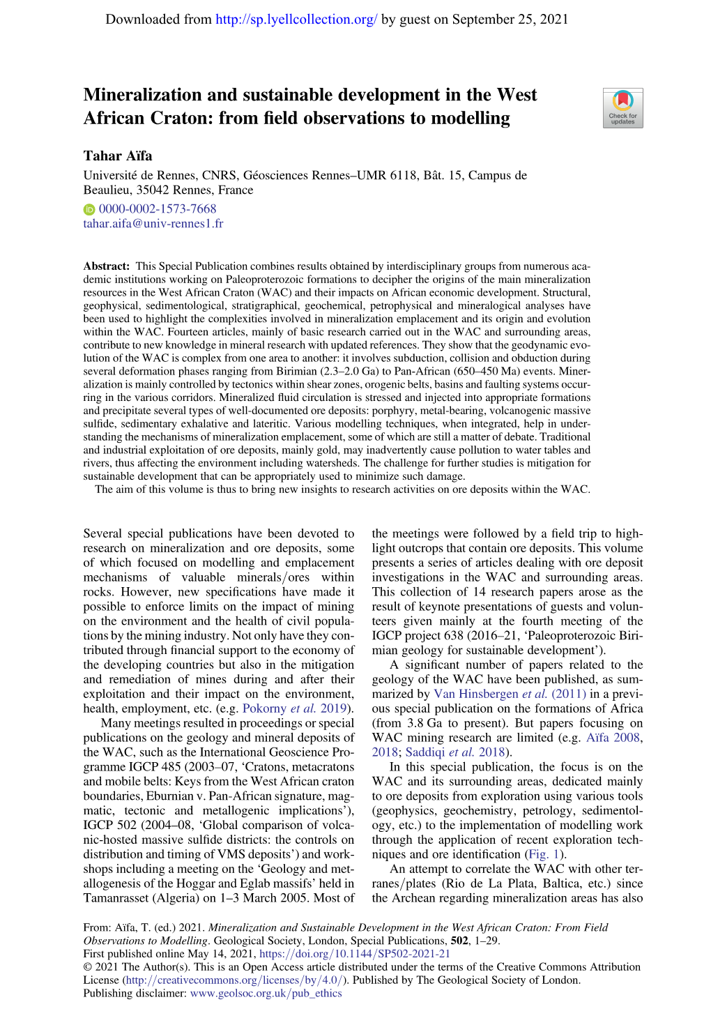 Mineralization and Sustainable Development in the West African Craton: from ﬁeld Observations to Modelling