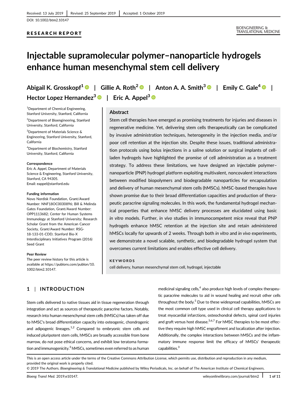 Injectable Supramolecular Polymer–Nanoparticle Hydrogels Enhance Human Mesenchymal Stem Cell Delivery