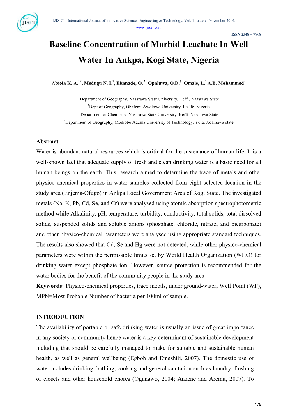 Baseline Concentration of Morbid Leachate in Well Water in Ankpa, Kogi State, Nigeria