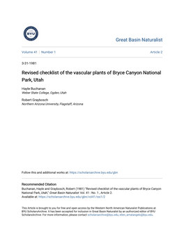 Revised Checklist of the Vascular Plants of Bryce Canyon National Park, Utah