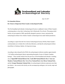 Closure of Important Parks Canada Archaeological Facility The