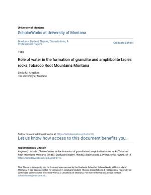 Role of Water in the Formation of Granulite and Amphibolite Facies Rocks Tobacco Root Mountains Montana