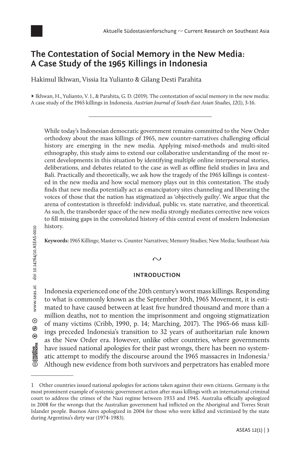 The Contestation of Social Memory in the New Media: a Case Study of the 1965 Killings in Indonesia