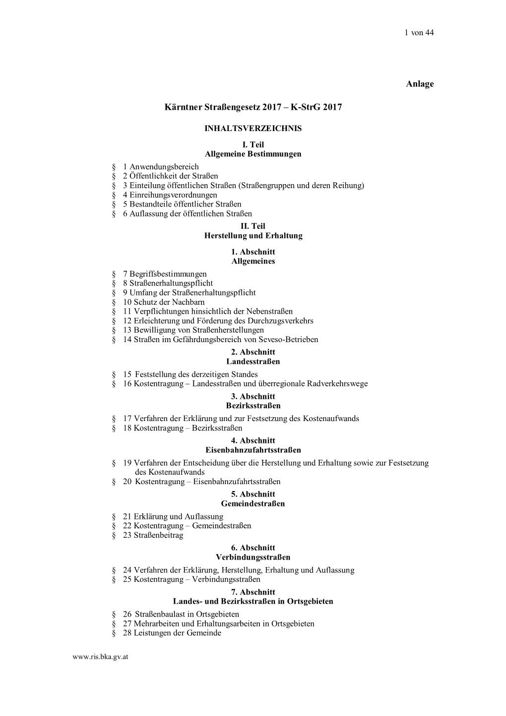 Anlage Kärntner Straßengesetz 2017