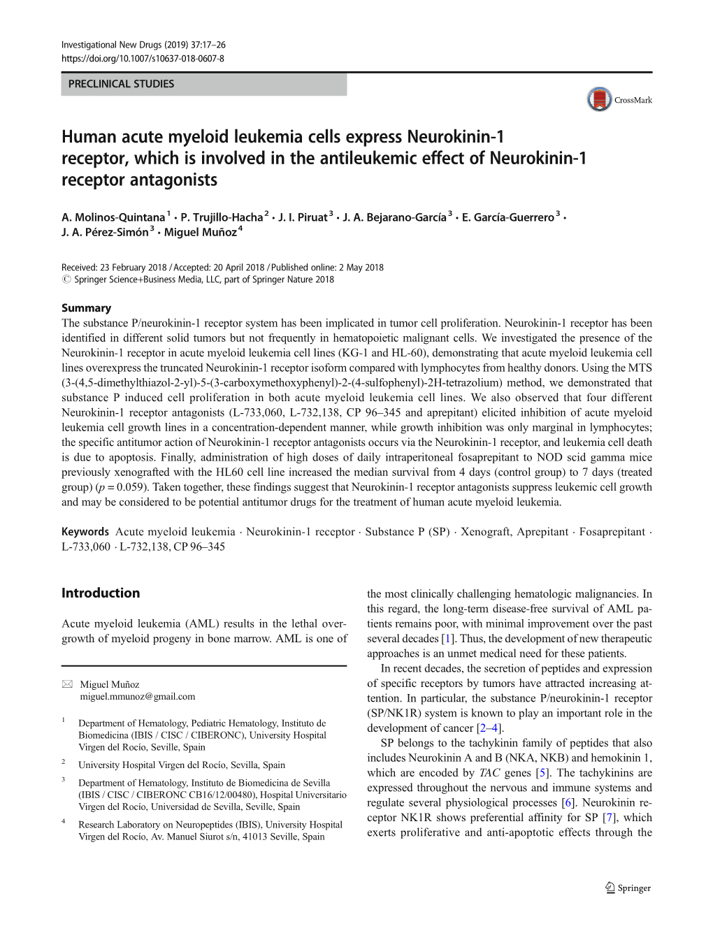 Human Acute Myeloid Leukemia Cells Express Neurokinin-1 Receptor, Which Is Involved in the Antileukemic Effect of Neurokinin-1 Receptor Antagonists