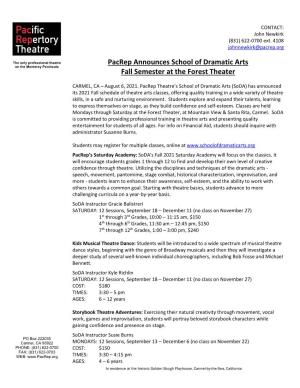 Pacrep Announces School of Dramatic Arts Fall Semester at The