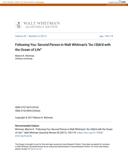 Second Person in Walt Whitmanâ•Žs Â•Œas I Ebbâ•Žd with the Ocean Of