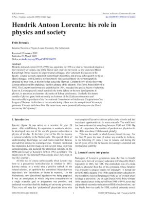 Hendrik Antoon Lorentz: His Role in Physics and Society