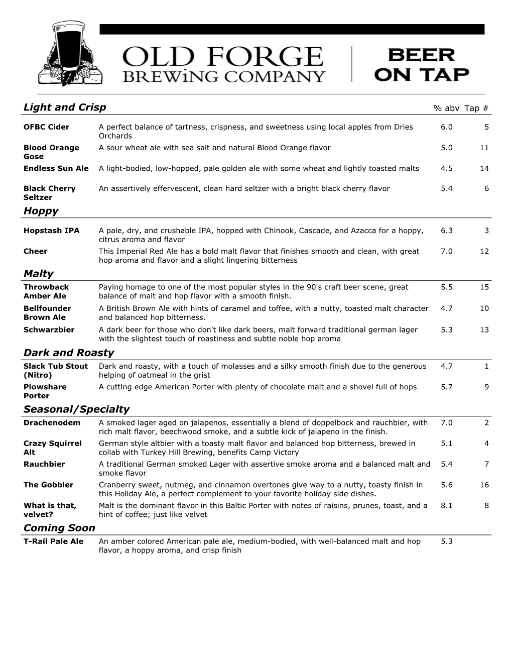 OFBC Pub Beer Menu