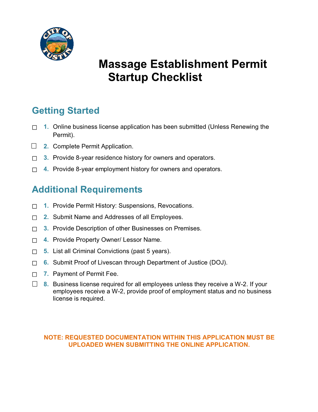 Massage Establishment Permit Startup Checklist