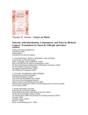 Theodor W. Adorno - Essays on Music