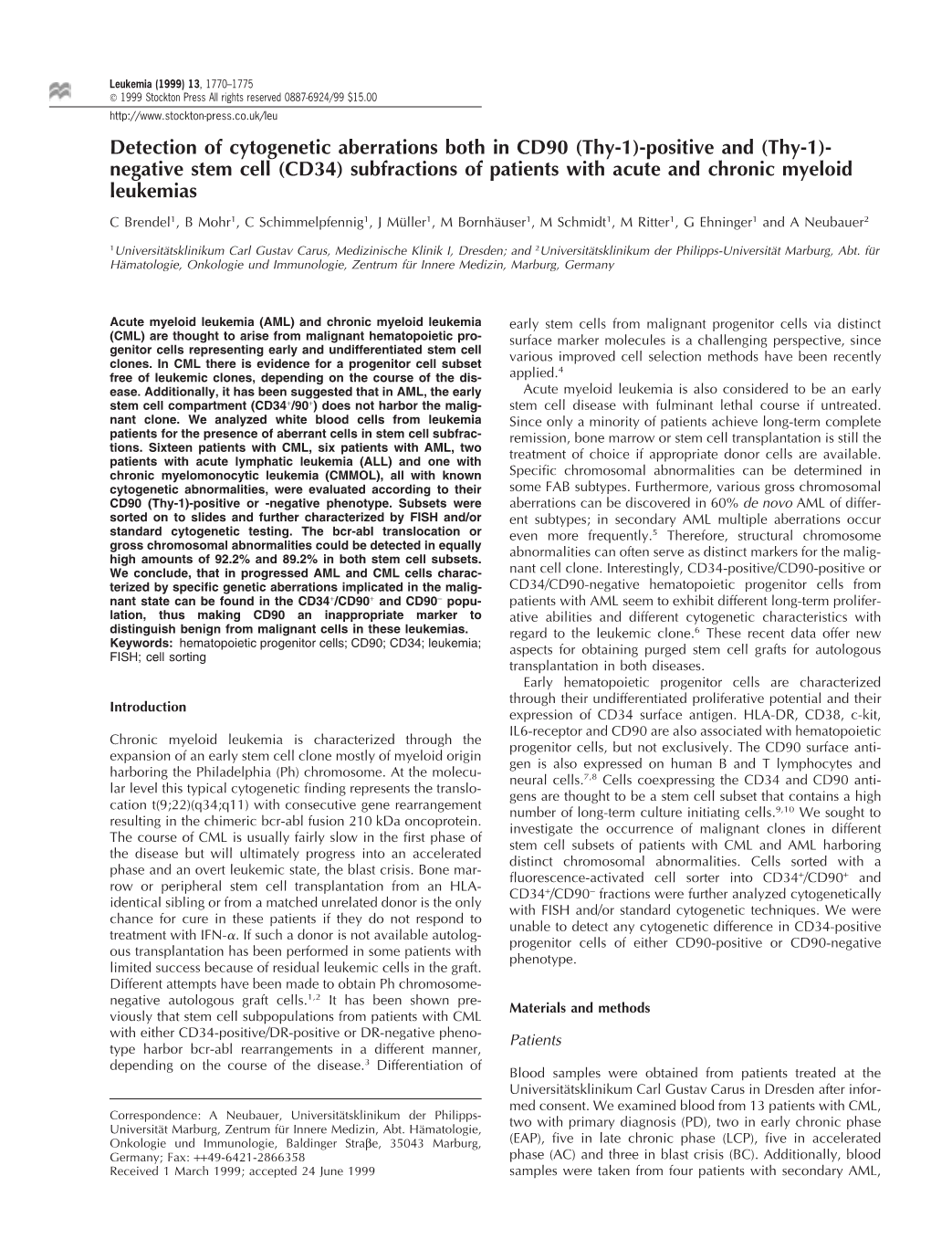 Detection of Cytogenetic Aberrations Both in CD90 (Thy-1)-Positive And