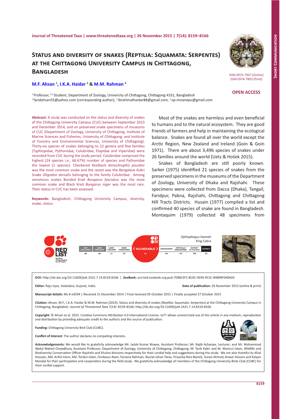 Status and Diversity of Snakes (Reptilia: Squamata: Serpentes) at the Chittagong University Campus in Chittagong