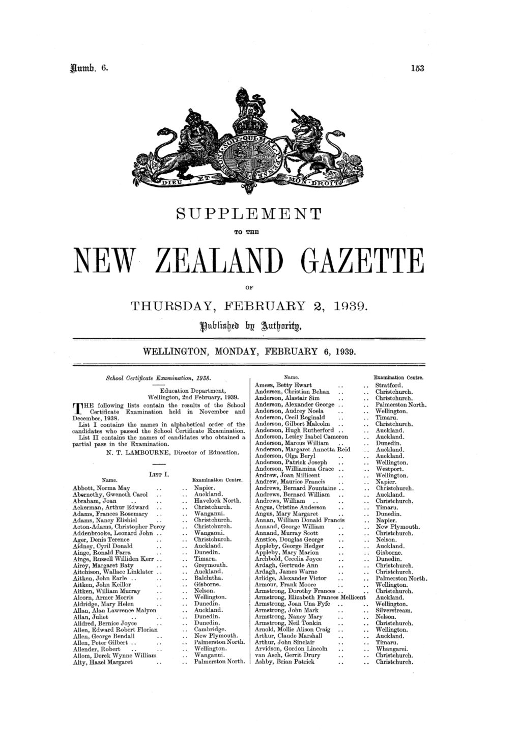 NEW ZEALAND GAZETTE of THURSDAY, FEBRUARY 2, In39
