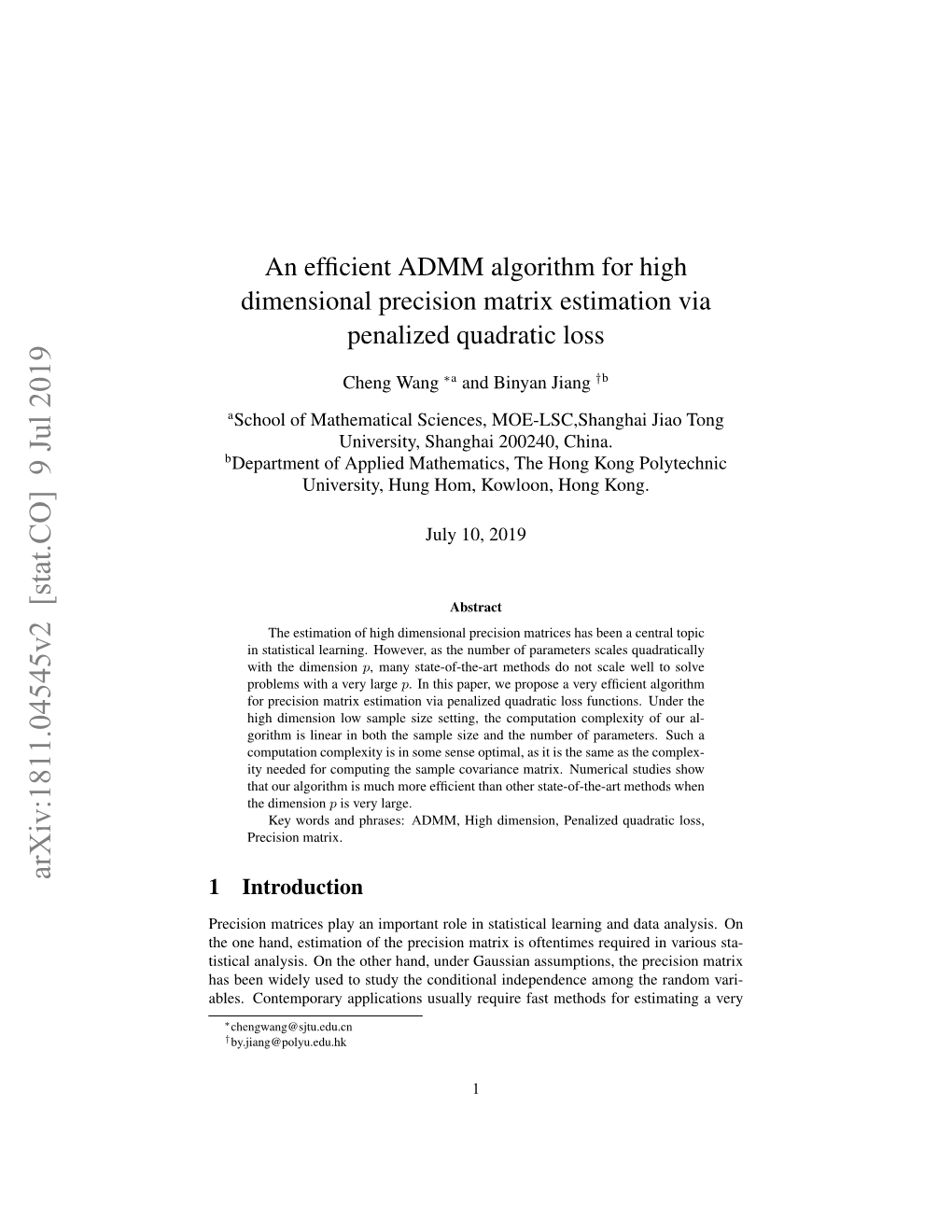 An Efficient ADMM Algorithm for High Dimensional Precision Matrix