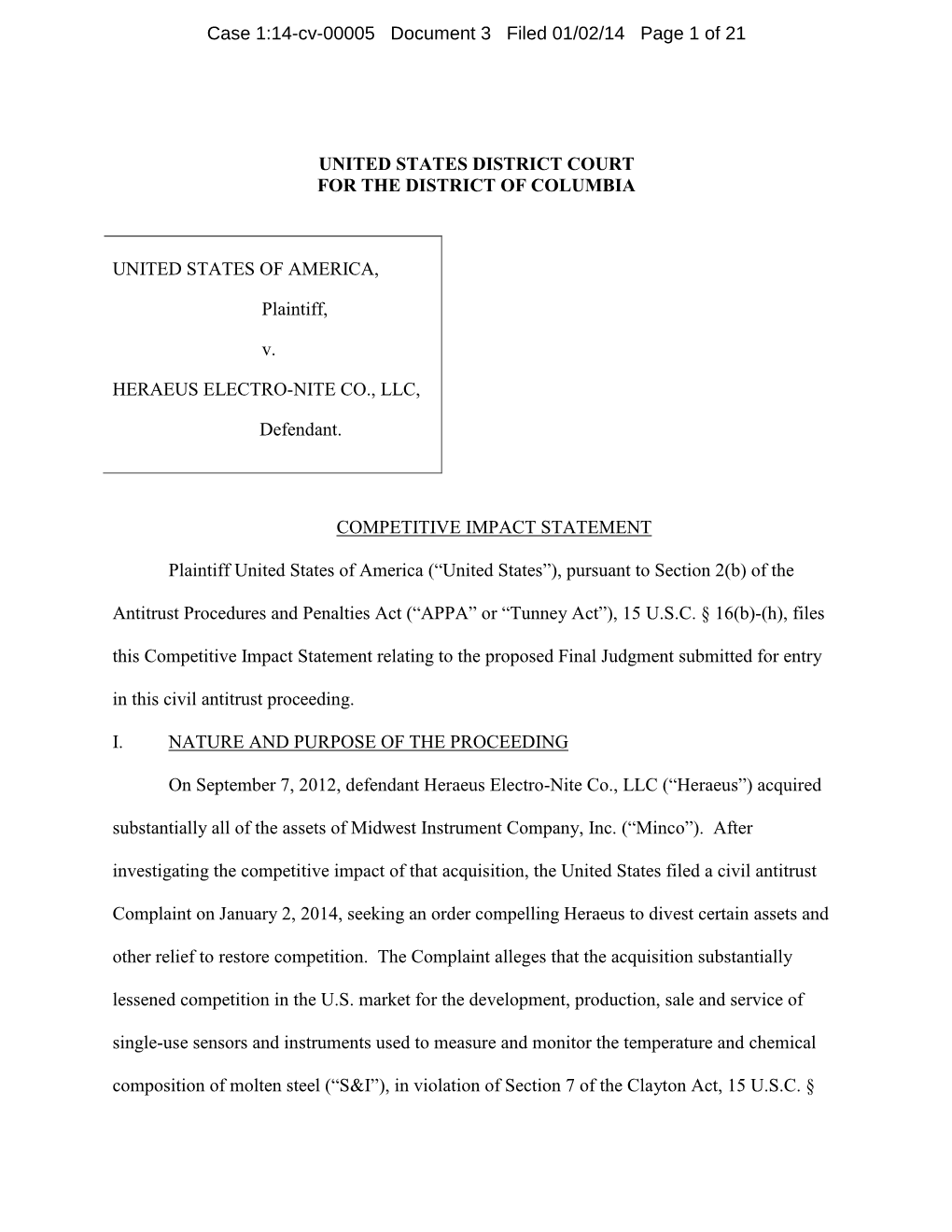 Competitive Impact Statement: U.S. V. Heraeus Electro-Nite Co., LLC