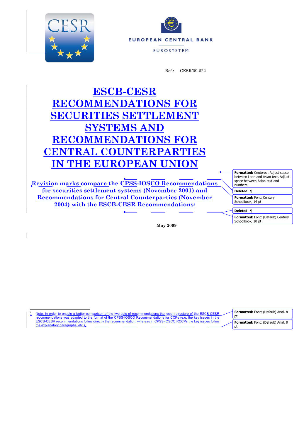 Escb-Cesr Recommendations for Securities Settlement