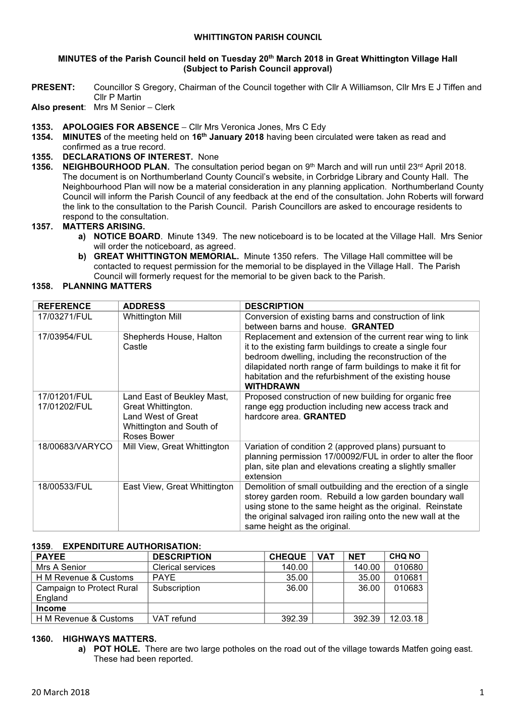 WHITTINGTON PARISH COUNCIL 20 March 2018 1