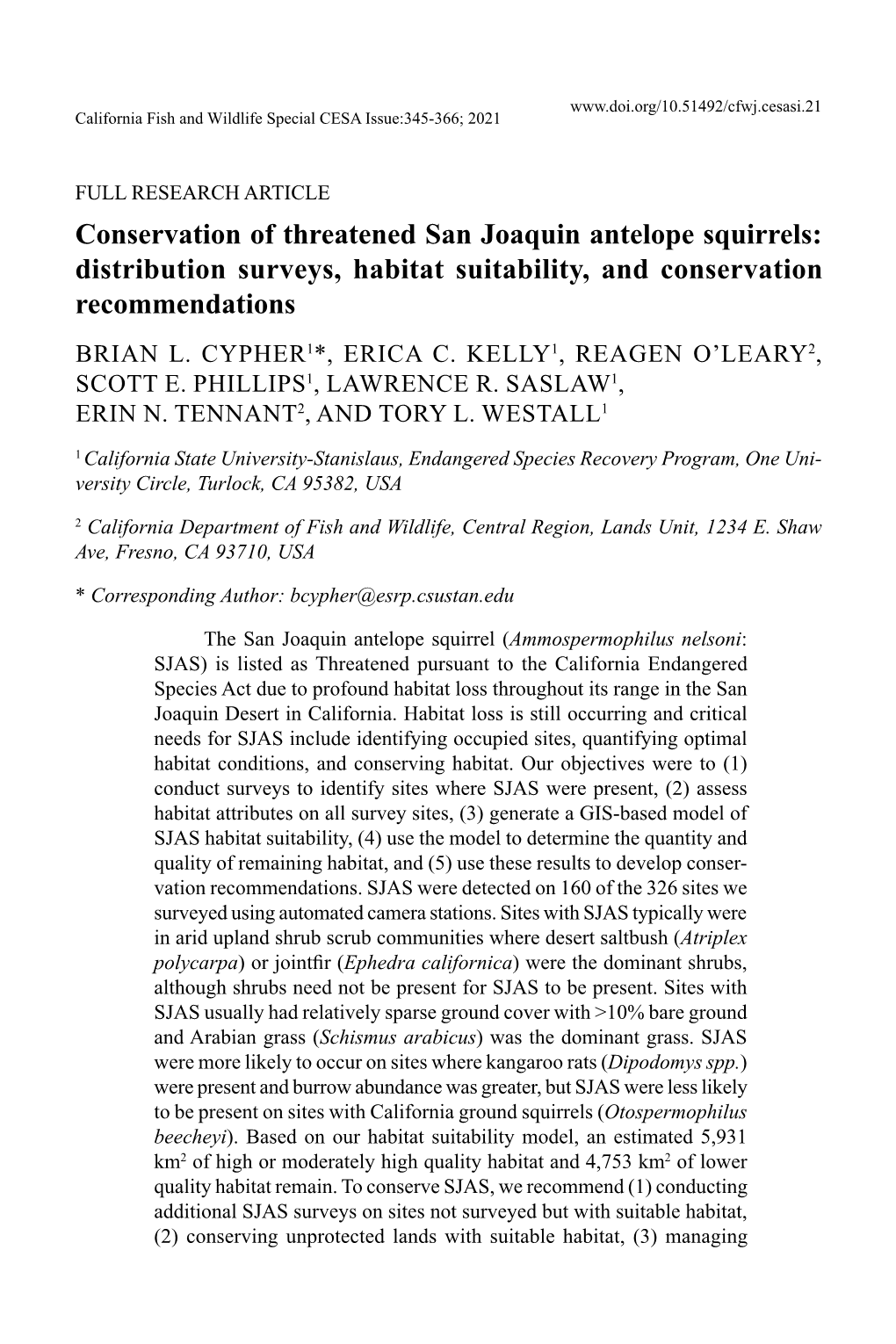 Conservation of Threatened San Joaquin Antelope Squirrels: Distribution Surveys, Habitat Suitability, and Conservation Recommendations BRIAN L